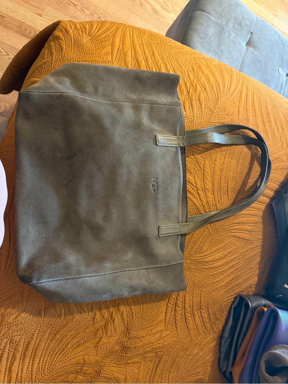 UGG Olive Gray Suede Tote with Leather Straps